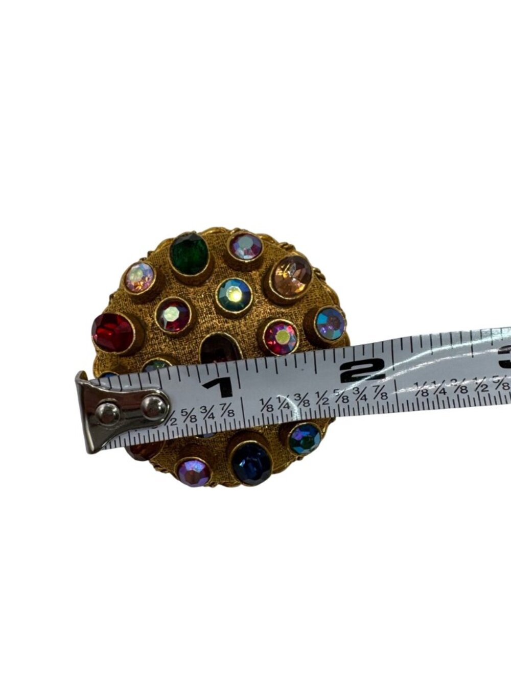 Vintage ART Signed Gold Tone Brooch Multicolor Rhinestones Round Statement 2" - Picture 7 of 11